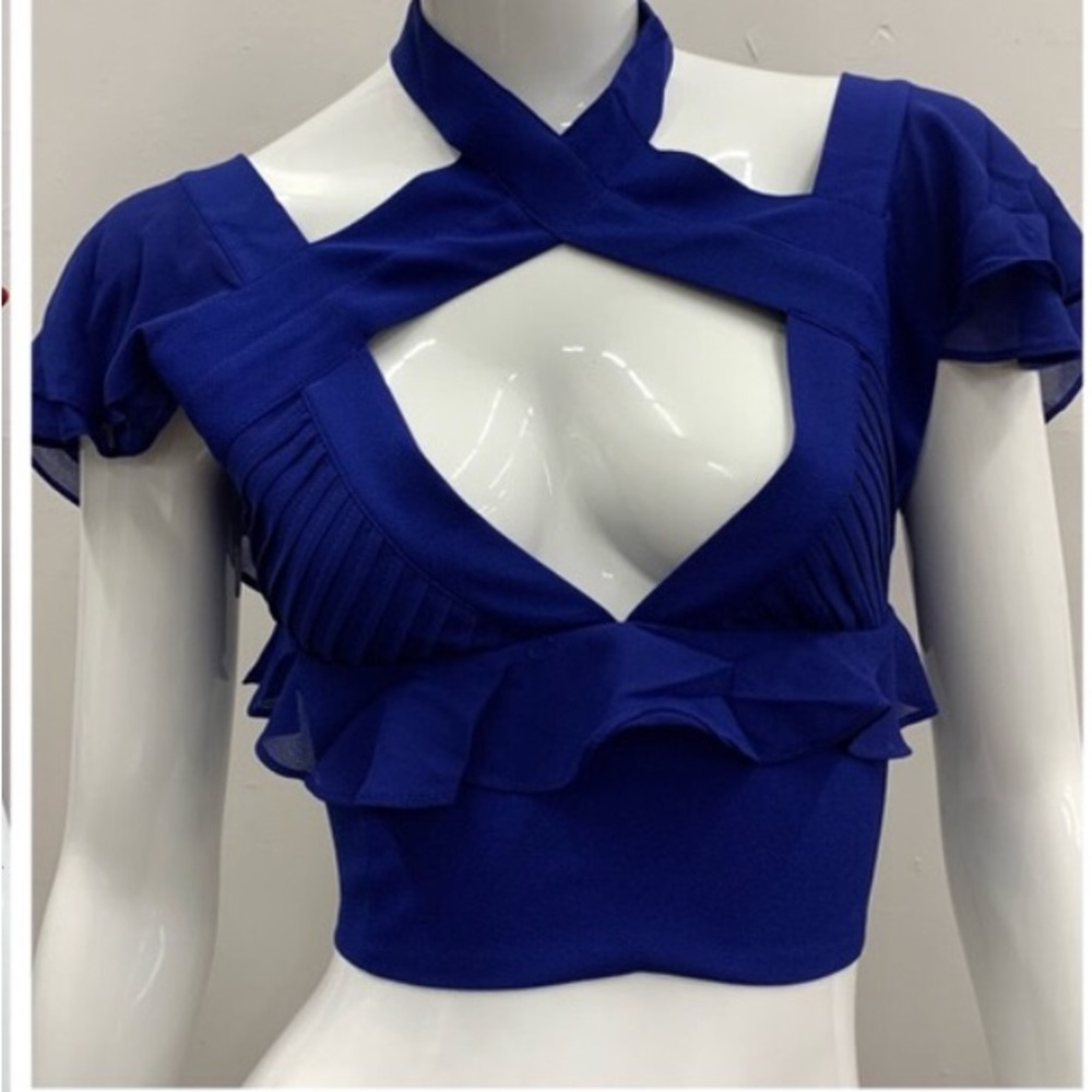 NWT NASTY Gal Ruffle Layered Crisscross Cropped Top Blouse- Clementine Blue